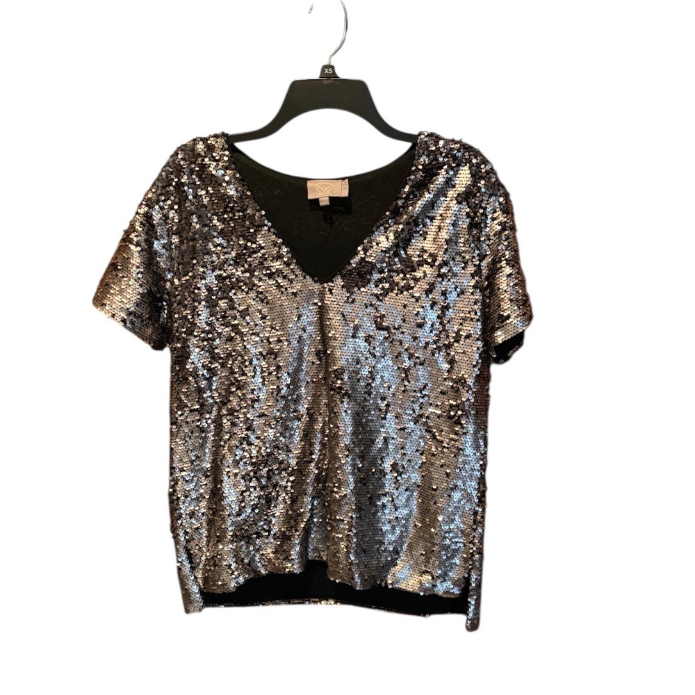 Anthropologie Vanessa Virginia Sequined V-neck Short Sleeve Top Silver Small